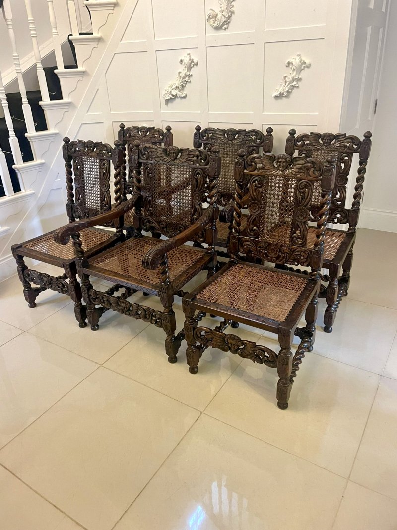 Set of Six Antique Victorian Quality Carved Oak Dining Chairs - Image 16